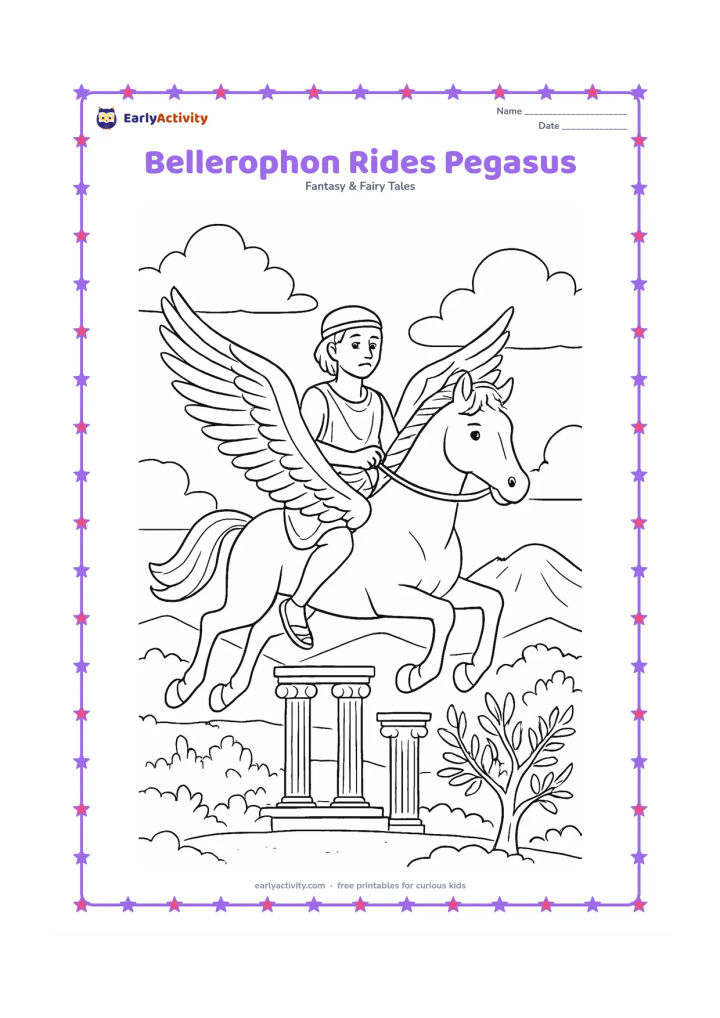 Colouring page: Show a calm heroic rider in simple ancient clothing riding a flying pegasus above Greek-style columns, olive trees and distant mountains. The rider should hold the reins gently, with…