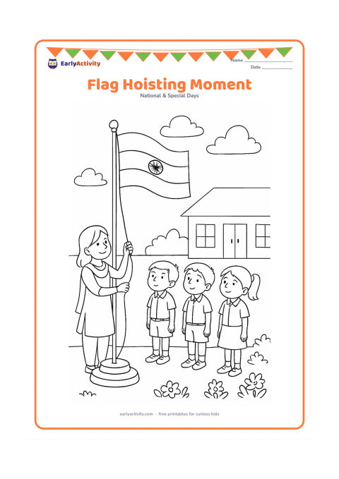 Colouring page: Draw a teacher pulling a rope to hoist an Indian flag while children watch respectfully in a school courtyard. Include a flagpole base, flower beds, a simple school building and a few…
