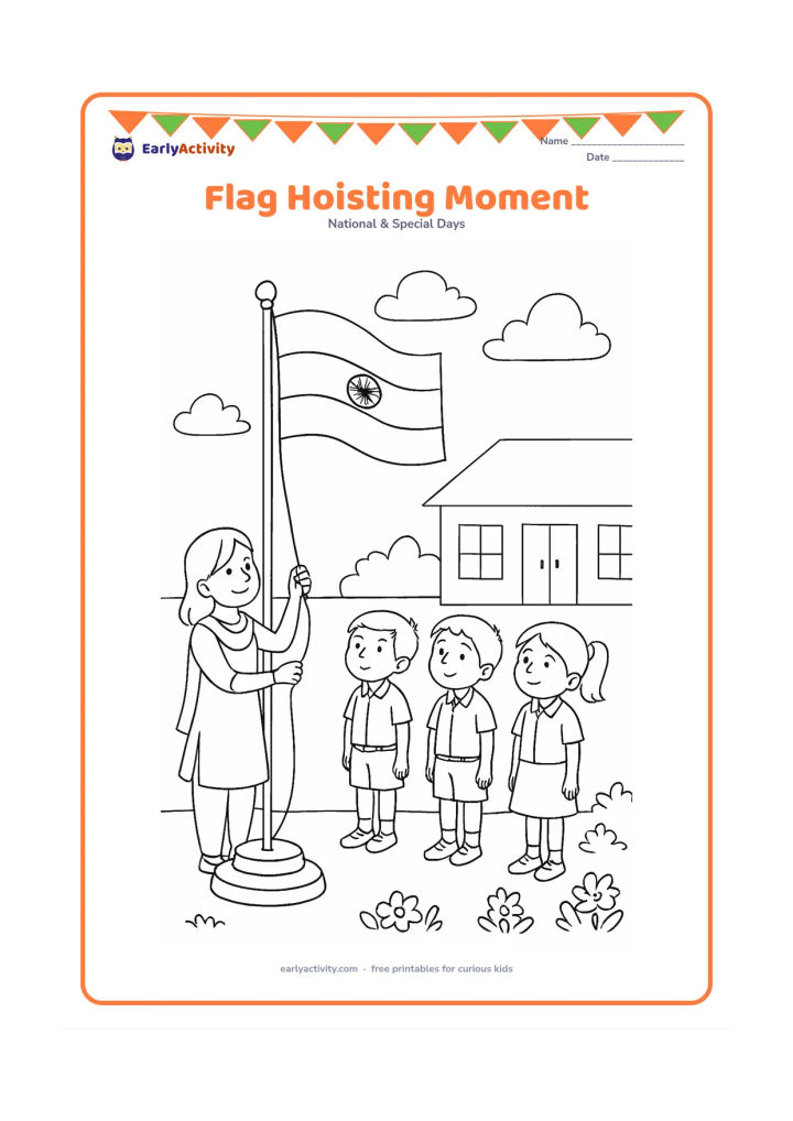 Colouring page: Draw a teacher pulling a rope to hoist an Indian flag while children watch respectfully in a school courtyard. Include a flagpole base, flower beds, a simple school building and a few…