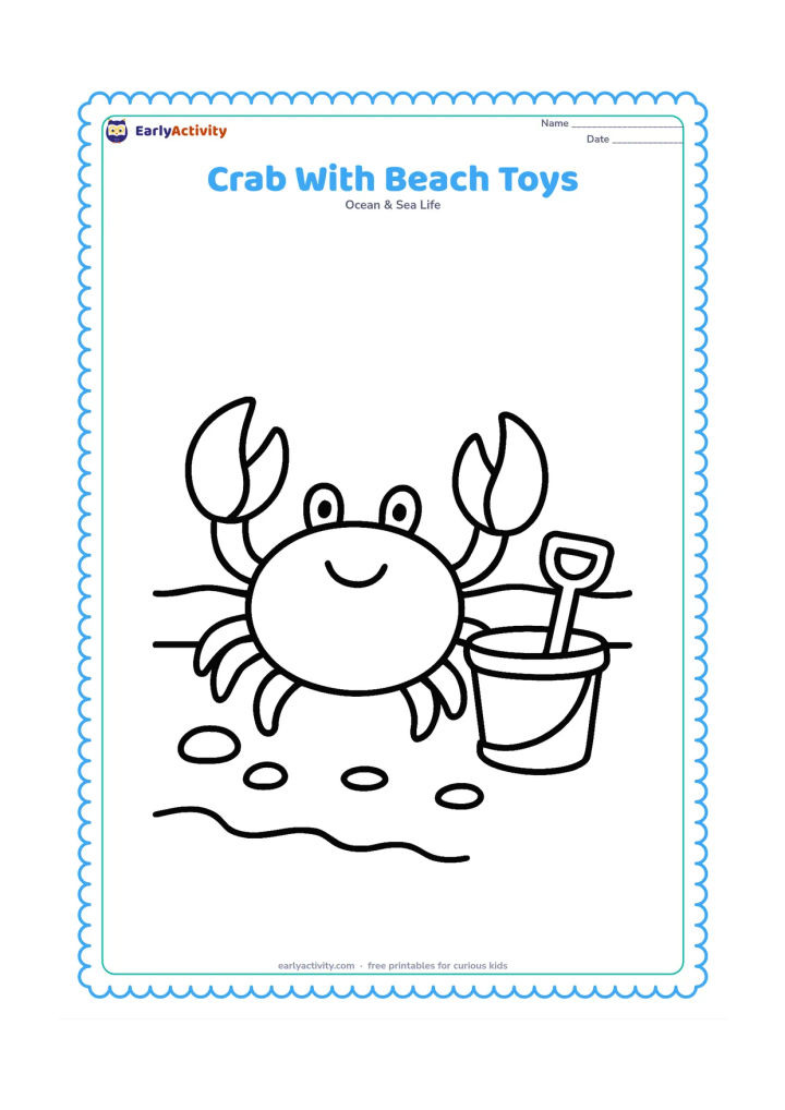 Colouring page: A large friendly crab stands beside a simple beach bucket and spade, with one claw gently touching the bucket. Show broad sand, a few rounded pebbles and a small wave in the background,…
