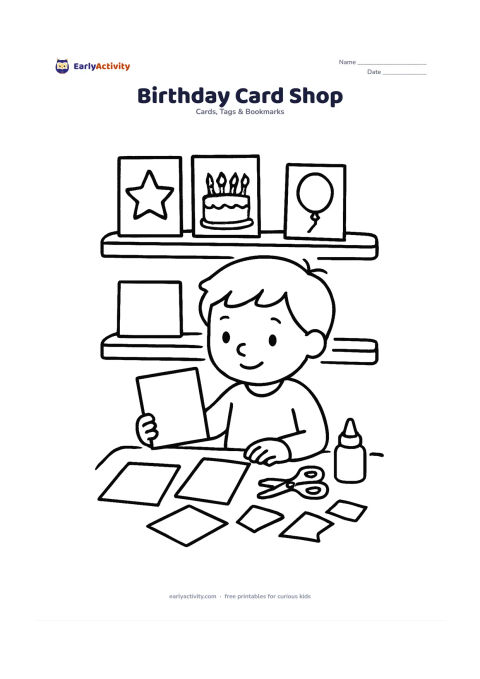 Worksheet: Show a child choosing handmade birthday cards at a small craft table, with blank card fronts, coloured paper scraps, scissors and glue nearby. Include shelves with simple card shapes and…