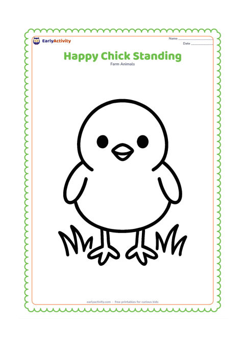 Colouring page: Draw one large chick standing front-facing with round eyes, a tiny beak, and simple feet. Add a few wide grass blades beneath it and leave generous open space around the chick.