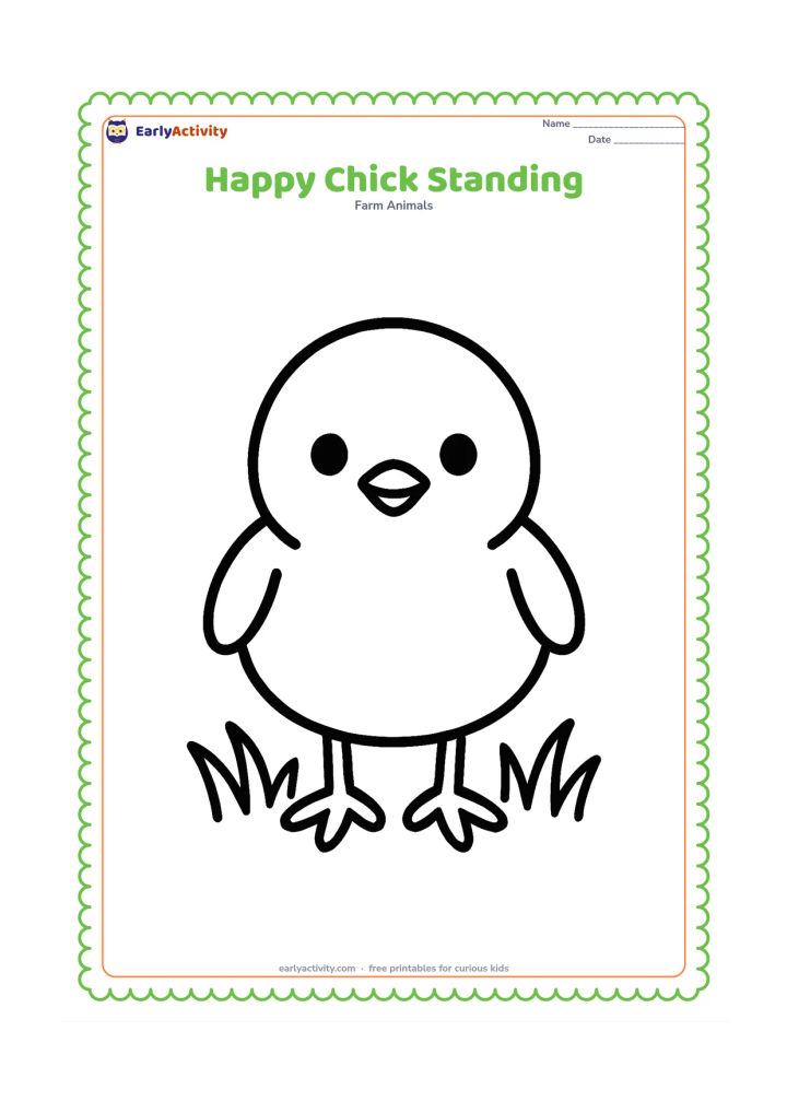 Colouring page: Draw one large chick standing front-facing with round eyes, a tiny beak, and simple feet. Add a few wide grass blades beneath it and leave generous open space around the chick.