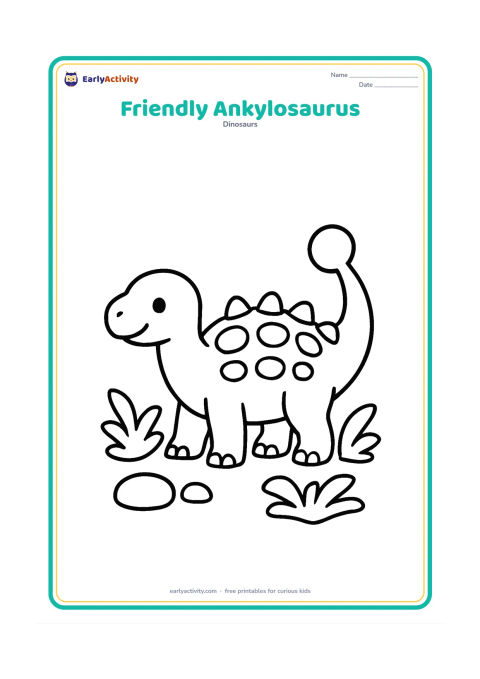 Colouring page: A cheerful Ankylosaurus stands in side view with its low body, large armour plates and oversized club tail clearly visible. Add only a few rounded stones and two broad ferns around its feet.