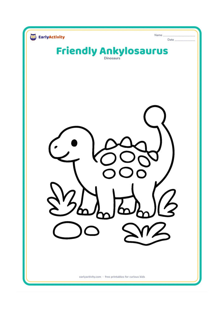 Colouring page: A cheerful Ankylosaurus stands in side view with its low body, large armour plates and oversized club tail clearly visible. Add only a few rounded stones and two broad ferns around its feet.