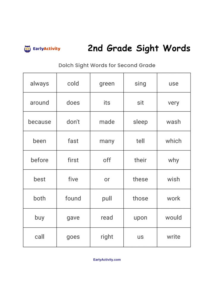 Worksheet with a grid of Dolch sight words for second grade, including words such as always, cold, green, sing and use.