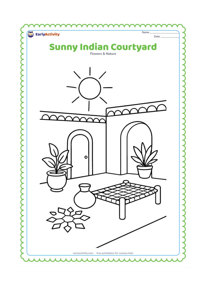 Colouring page: Draw sunlight over an Indian home courtyard with a doorway, potted plants, a charpai, a water pot and a small rangoli pattern made only from geometric shapes. Keep the sun in the upper…