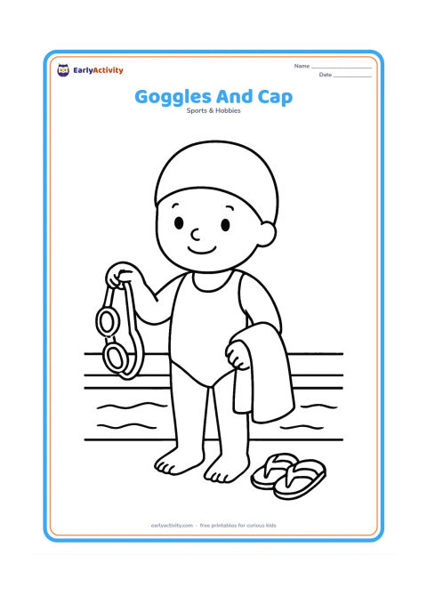Colouring page: A child stands beside a pool holding swimming goggles in one hand and wearing a snug swimming cap. Include a simple towel and flip-flops on the poolside, with no text or symbols.