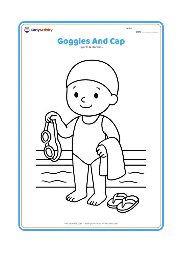 Colouring page: A child stands beside a pool holding swimming goggles in one hand and wearing a snug swimming cap. Include a simple towel and flip-flops on the poolside, with no text or symbols.