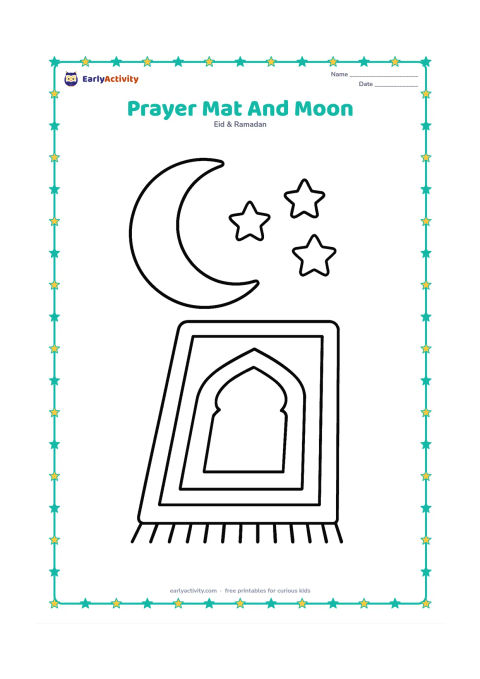 Colouring page: One rectangular prayer mat with a simple arch pattern lies beneath a large crescent moon and three stars.