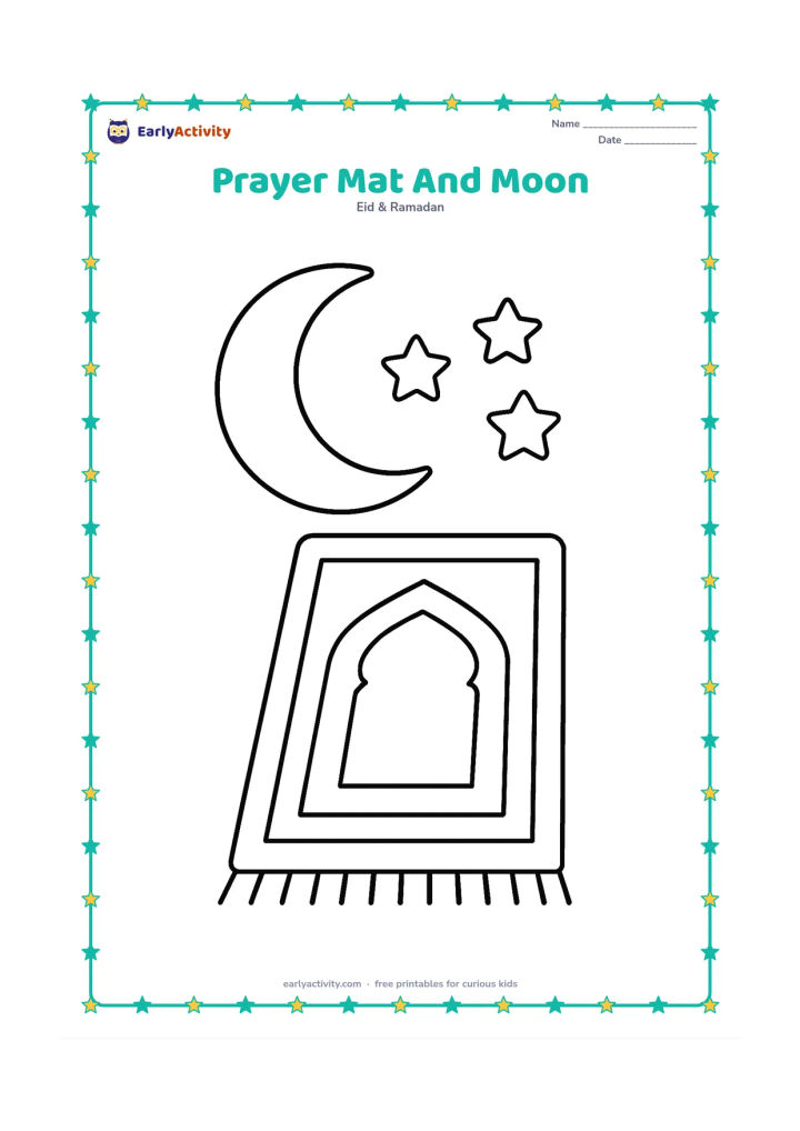 Colouring page: One rectangular prayer mat with a simple arch pattern lies beneath a large crescent moon and three stars.
