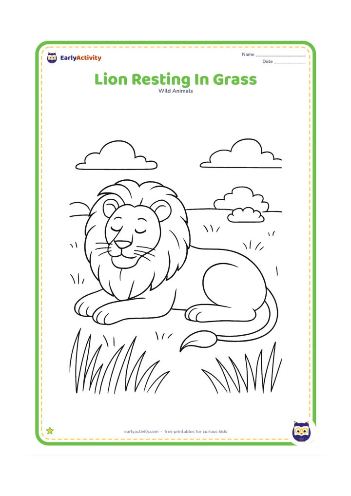 Colouring page: A calm adult lion rests on its side in a savanna clearing, with its mane spread around the head and long grass framing the foreground. Add a few distant rounded bushes and a low horizon.