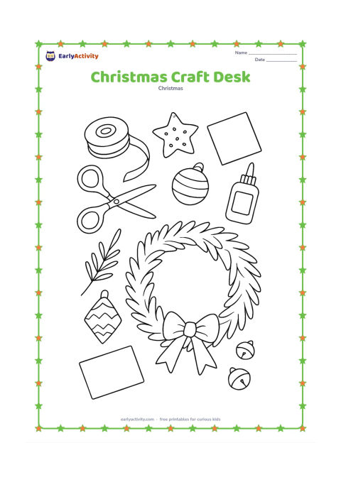 Colouring page: An overhead view shows a busy craft desk with patterned paper ornaments, ribbon spools, scissors, glue, evergreen clippings, bells and a partly finished wreath. Leave several paper…