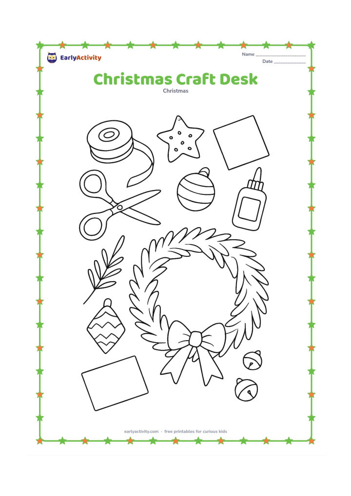 Colouring page: An overhead view shows a busy craft desk with patterned paper ornaments, ribbon spools, scissors, glue, evergreen clippings, bells and a partly finished wreath. Leave several paper…