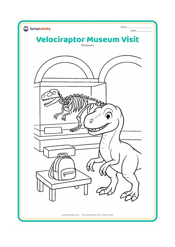 Colouring page: A living, friendly velociraptor stands beside a fossil display in a natural-history museum gallery, with a large skeleton behind glass, exhibit blocks without writing, arched…