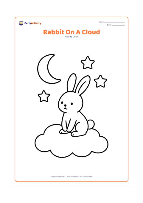 Worksheet: Show a simple rabbit sitting on a large rounded cloud, with long ears, oval body, tiny paws and a round tail. Add a crescent moon and three large stars as plain picture shapes without…