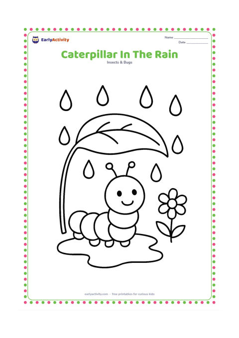 Colouring page: Draw a friendly caterpillar sitting beneath one large leaf as a shelter while rounded raindrops fall around it. Include a simple puddle under the leaf and a small flower.