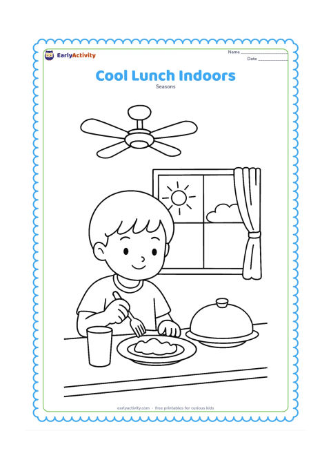 Colouring page: A child eats a simple lunch at a table under a ceiling fan, with a steel tumbler, covered dish, open window and curtain showing a bright hot day outside.