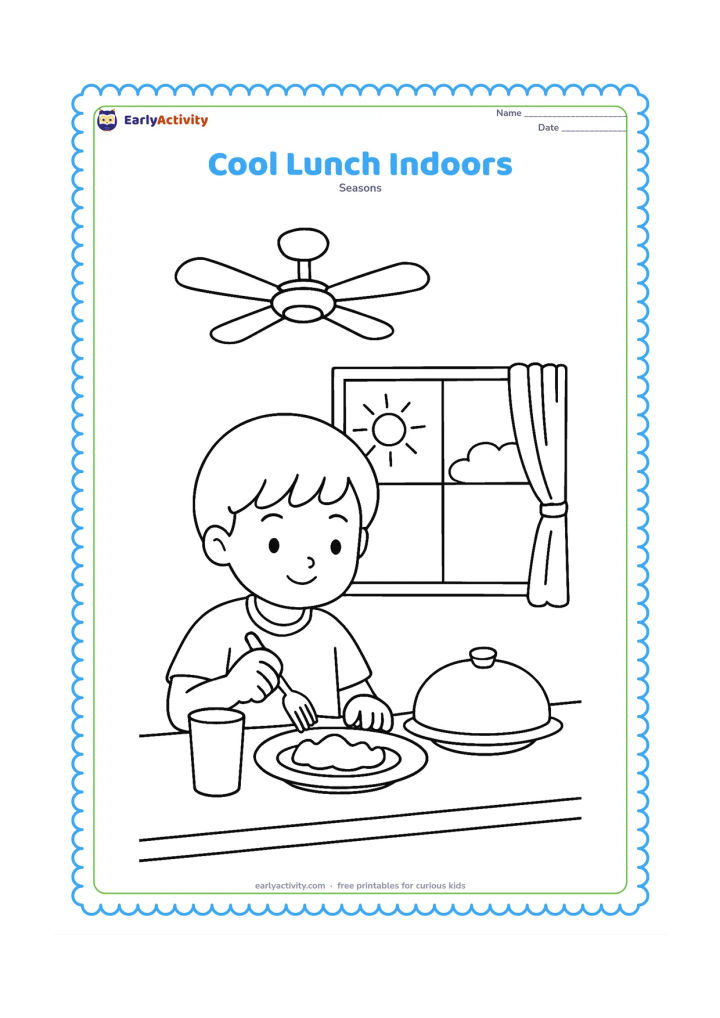 Colouring page: A child eats a simple lunch at a table under a ceiling fan, with a steel tumbler, covered dish, open window and curtain showing a bright hot day outside.