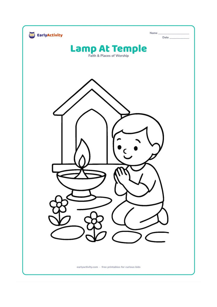 Colouring page: A child kneeling respectfully beside one large traditional oil lamp on a low stand outside a small temple entrance. Include a simple doorway, two flowers and a few broad paving stones.