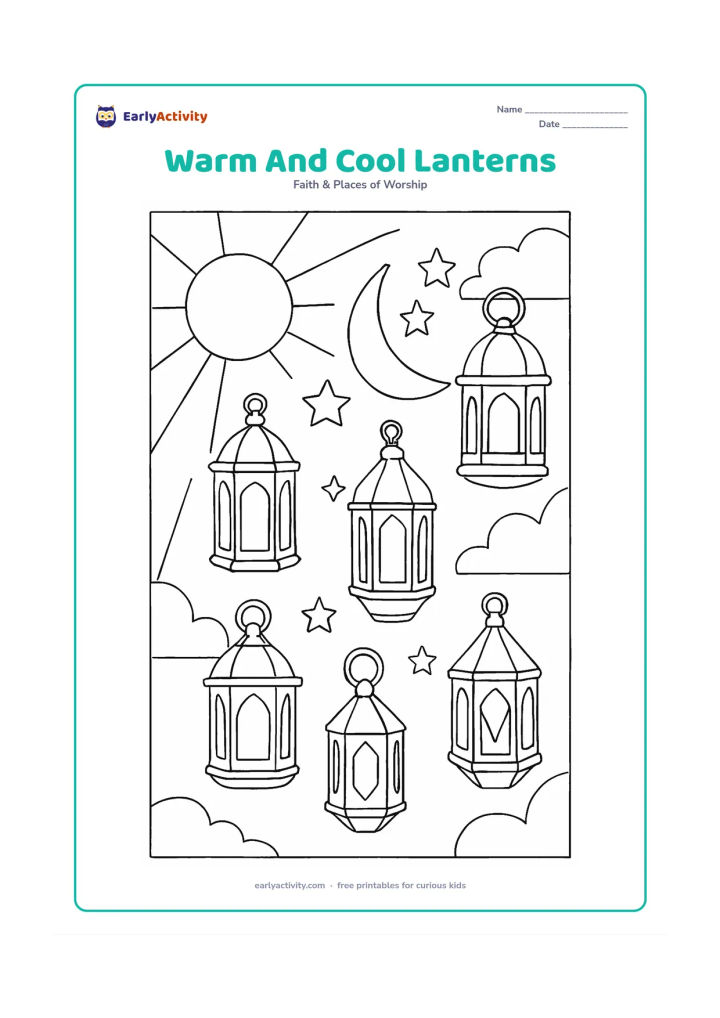 Colouring page: A balanced display features six lanterns with different geometric designs, arranged around a crescent moon and stars, with one side framed by sun-like warm rays and the other by cool…