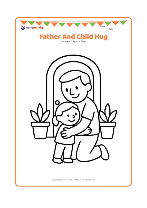 Colouring page: A smiling father kneels while a small child hugs him around the waist, with two potted plants and a simple home doorway behind them. Keep the figures large and centered.