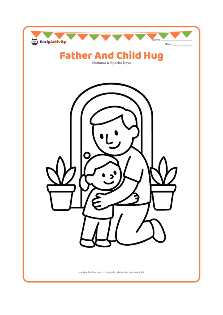 Colouring page: A smiling father kneels while a small child hugs him around the waist, with two potted plants and a simple home doorway behind them. Keep the figures large and centered.