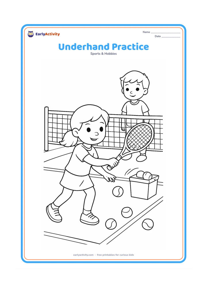 Colouring page: A child practises an underhand tennis stroke on one side of a court, with a coach or friend watching from behind the net and several balls near a basket.