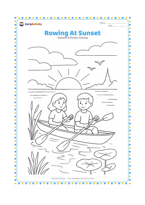 Colouring page: Draw two friends rowing a long boat across a river at sunset, with reflections, reeds, lotus leaves, birds in the distance and a riverside temple silhouette. Show the oars at different…