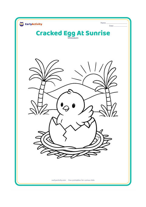 Colouring page: A cracked egg sits in a nest as a tiny hatchling raises one foot through the opening. Behind it are low hills, a rising sun, and tall cycads.