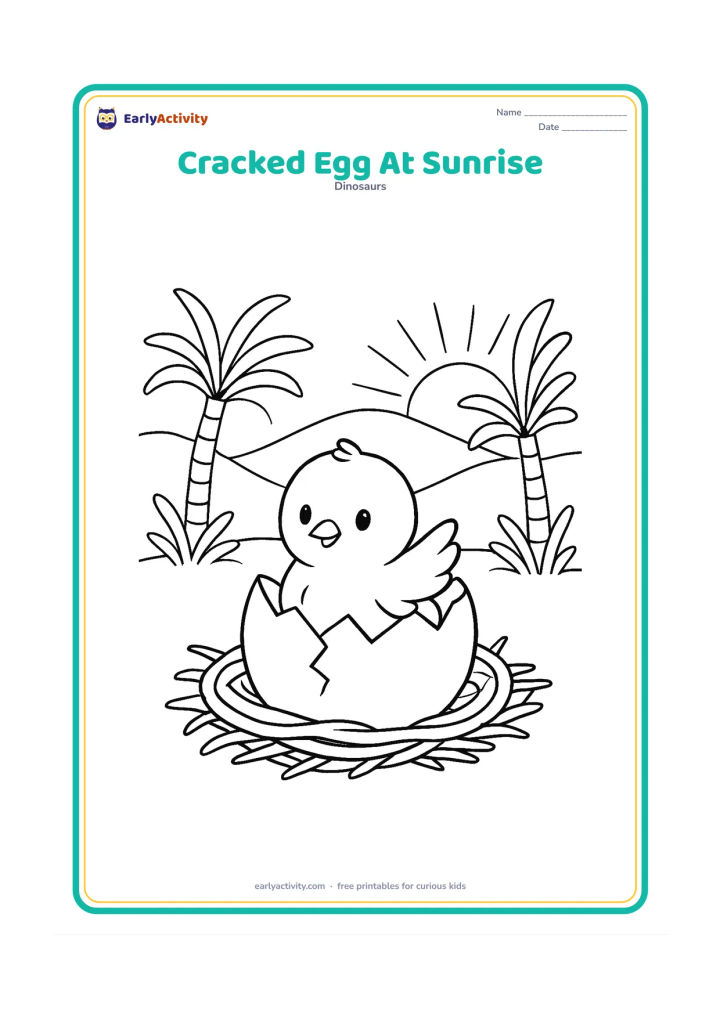 Colouring page: A cracked egg sits in a nest as a tiny hatchling raises one foot through the opening. Behind it are low hills, a rising sun, and tall cycads.
