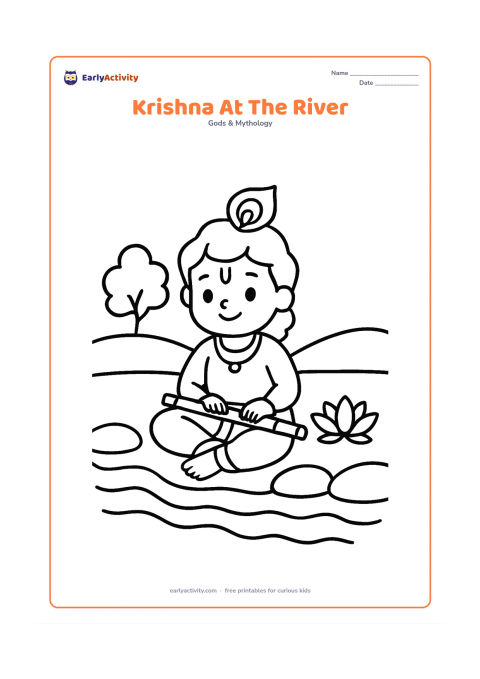 Colouring page: Draw Krishna sitting beside a calm river with his flute across his lap. Add smooth water lines, a lotus flower, a small tree, and rounded riverbank stones.