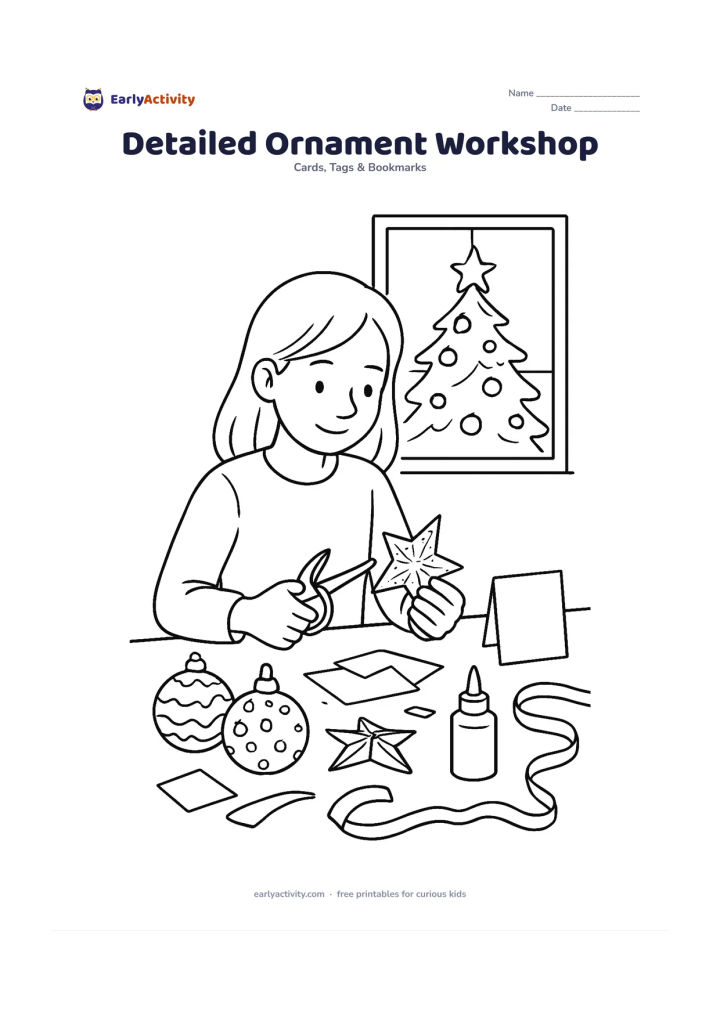 Worksheet: Draw an older child carefully making paper ornaments at a craft table, surrounded by patterned baubles, folded stars, ribbons, glue and coloured paper scraps. Include a window with a…