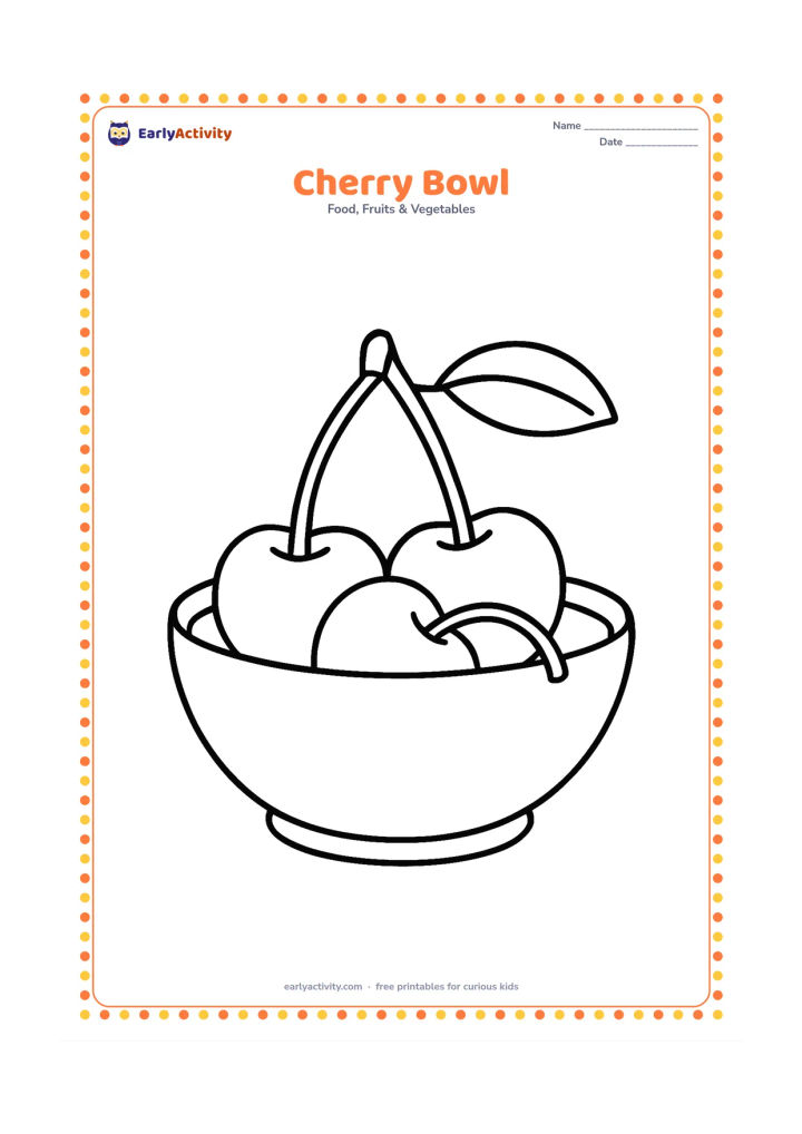 Colouring page: Draw a wide bowl holding three large cherries, with two stems and a leaf visible above the rim.