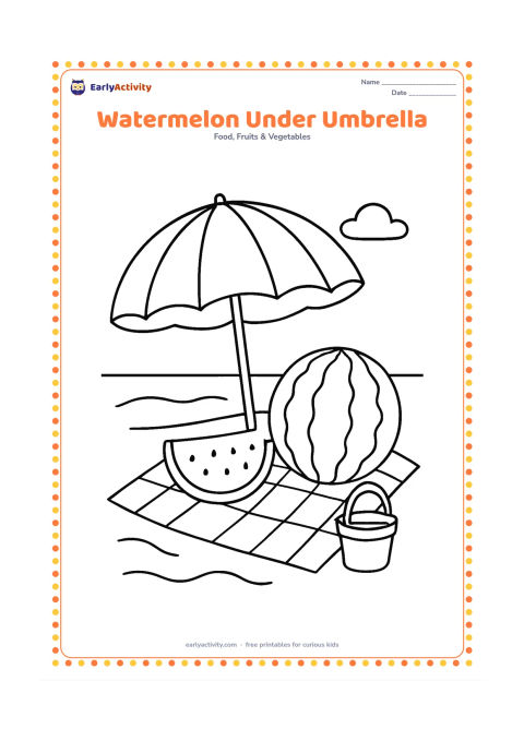 Colouring page: Draw a watermelon slice and a whole watermelon on a picnic mat beneath a large beach umbrella. Add a few curved sand lines, a small bucket and a cloud.