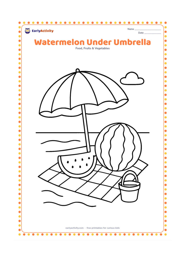 Colouring page: Draw a watermelon slice and a whole watermelon on a picnic mat beneath a large beach umbrella. Add a few curved sand lines, a small bucket and a cloud.