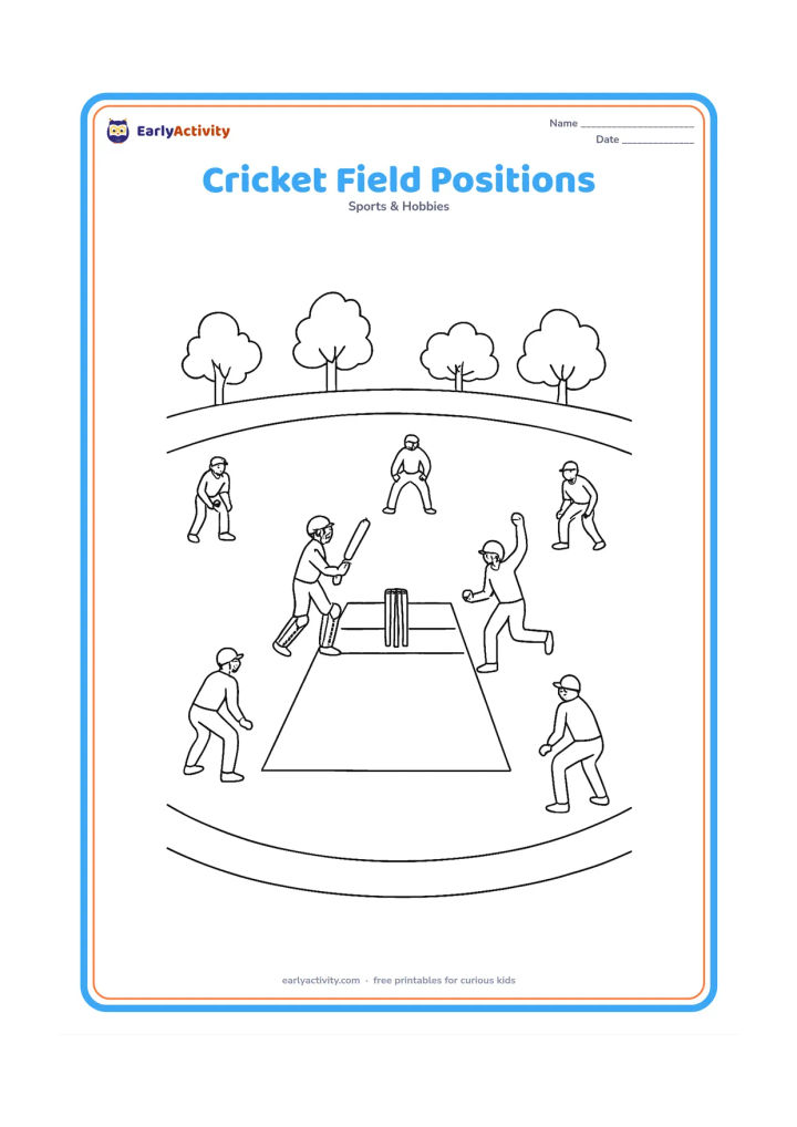 Colouring page: Show a wide overhead-style cricket field with a batter, bowler, wicketkeeper and several fielders arranged around the pitch, plus boundary rope, stumps and a few trees. Do not add…