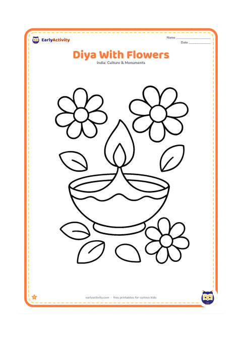 Colouring page: One wide diya with a flame, surrounded by three large simple flowers and a few rounded leaves on the ground.