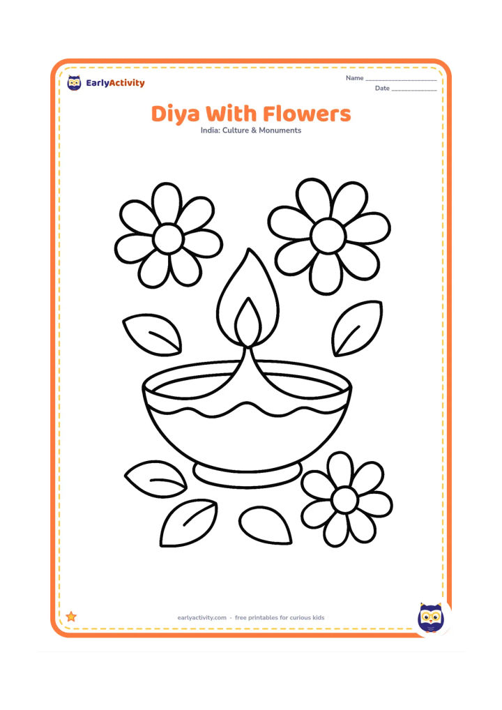 Colouring page: One wide diya with a flame, surrounded by three large simple flowers and a few rounded leaves on the ground.