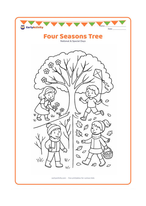 Colouring page: Draw one large tree divided naturally into four surrounding seasonal areas: spring blossoms, summer shade, autumn falling leaves and winter bare branches. Add children enjoying each area…