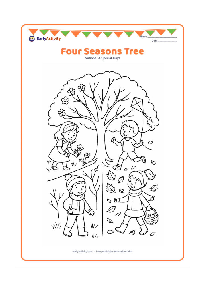 Colouring page: Draw one large tree divided naturally into four surrounding seasonal areas: spring blossoms, summer shade, autumn falling leaves and winter bare branches. Add children enjoying each area…