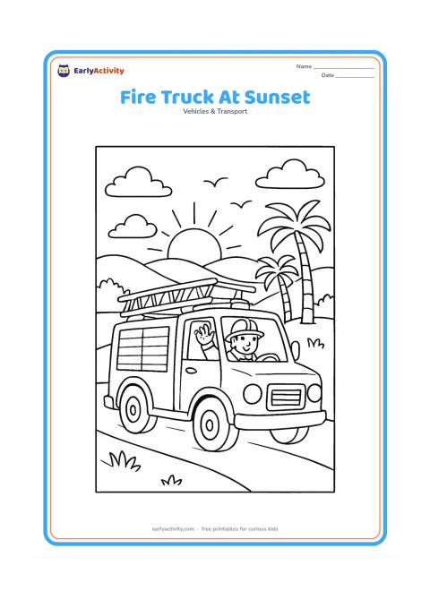 Colouring page: Draw a fire engine driving home along a curved road at sunset, with a firefighter waving from the cab. Add low hills, palm trees, clouds and a few birds in the sky.
