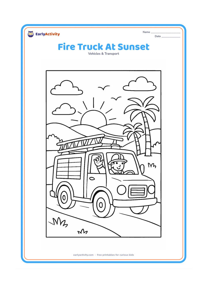 Colouring page: Draw a fire engine driving home along a curved road at sunset, with a firefighter waving from the cab. Add low hills, palm trees, clouds and a few birds in the sky.