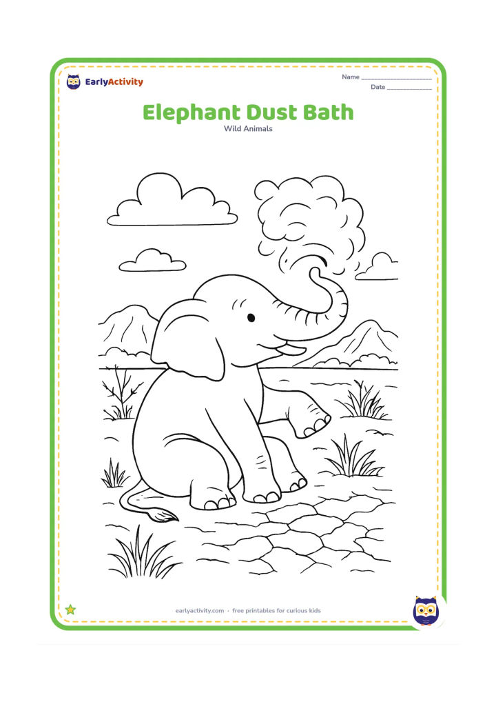 Colouring page: Draw an elephant kneeling and tossing dust over its back with its trunk in a dry grassland. Include a dust cloud, cracked earth, thorny shrubs, grasses and distant rocky hills.