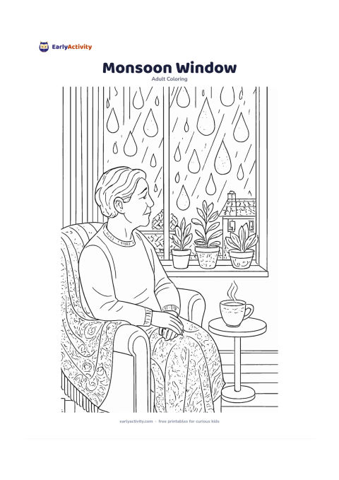 Colouring page: Show an older adult sitting comfortably beside a window and looking at gentle rain over potted plants and rooftops. Include a shawl over the chair, a steaming cup on a side table, and…