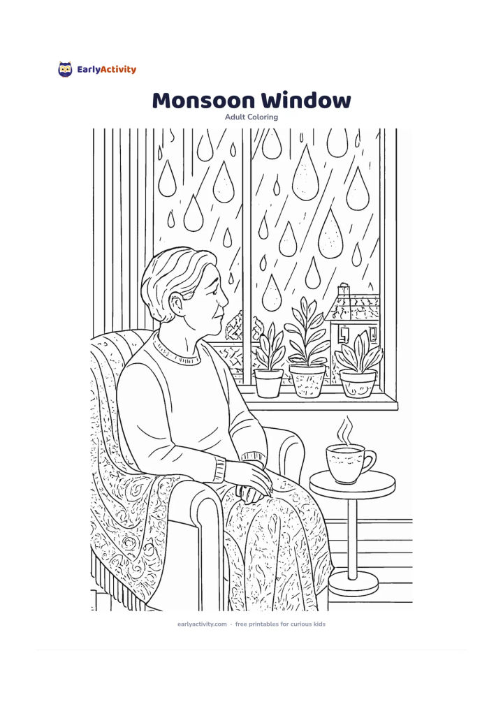 Colouring page: Show an older adult sitting comfortably beside a window and looking at gentle rain over potted plants and rooftops. Include a shawl over the chair, a steaming cup on a side table, and…