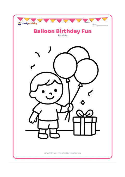 Colouring page: A smiling child holds three large round balloons beside a small wrapped present. Add a simple floor line and a few confetti shapes around the child.