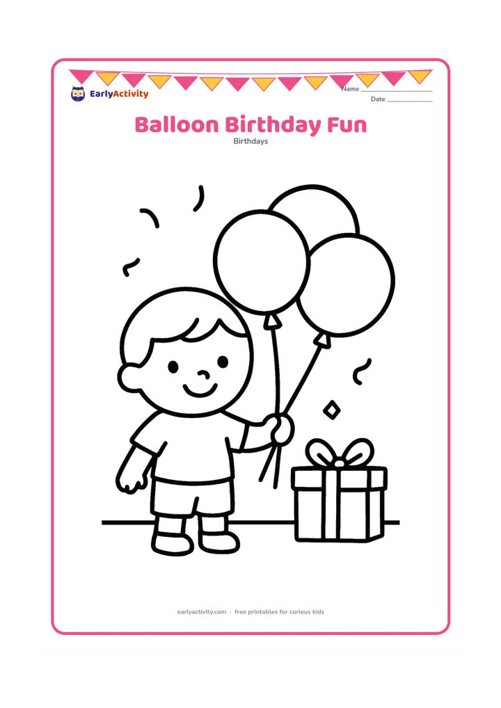 Colouring page: A smiling child holds three large round balloons beside a small wrapped present. Add a simple floor line and a few confetti shapes around the child.