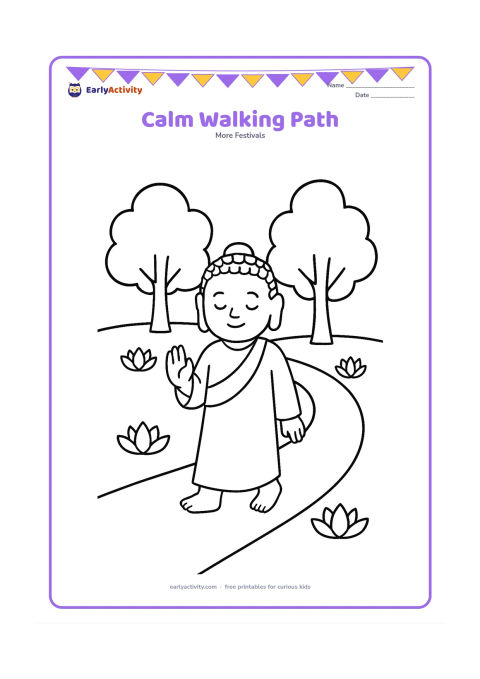 Colouring page: A peaceful Buddha figure walks along a curved garden path with one hand raised in a gentle gesture. Add two large trees and a few lotus flowers along the path.
