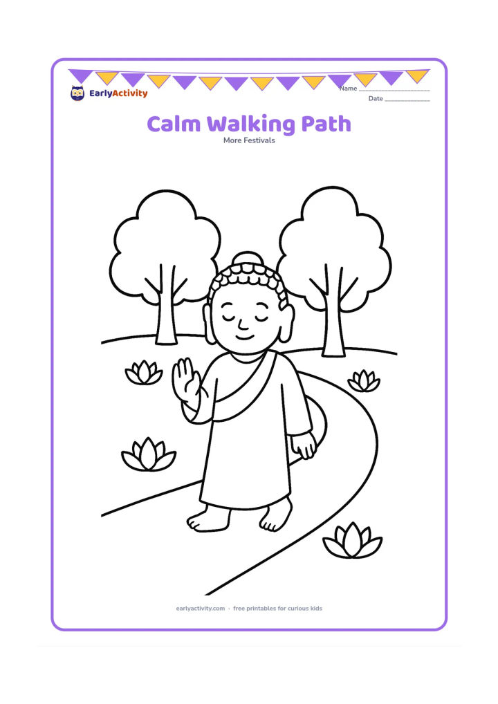Colouring page: A peaceful Buddha figure walks along a curved garden path with one hand raised in a gentle gesture. Add two large trees and a few lotus flowers along the path.